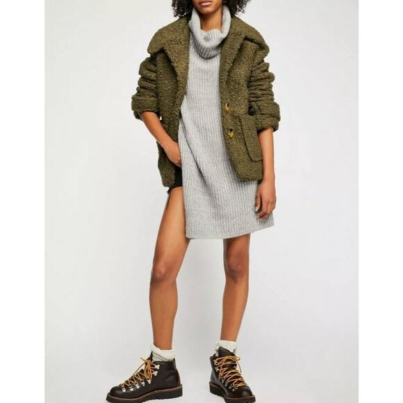 Free People Olive So Soft Faux Shearling Pea Coat Teddy Swing Jacket - Picture 3 of 11
